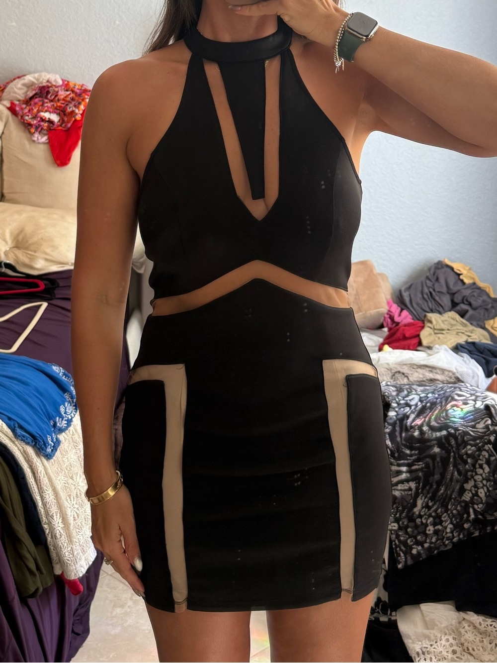 Black Cutout Mini Dress with Tan Panel Accents
